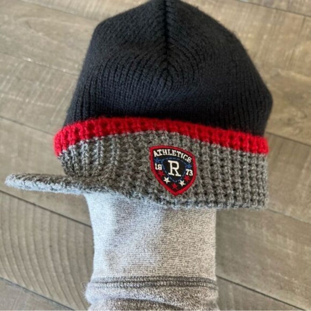 Roots Knitted Beanie Baseball Cap Black Gray‎ With Red Stripes One Size